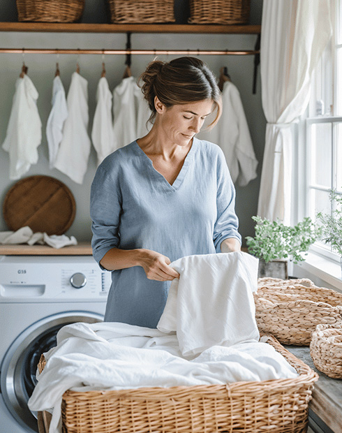 Woman folding fresh laundry in a clean laundry room